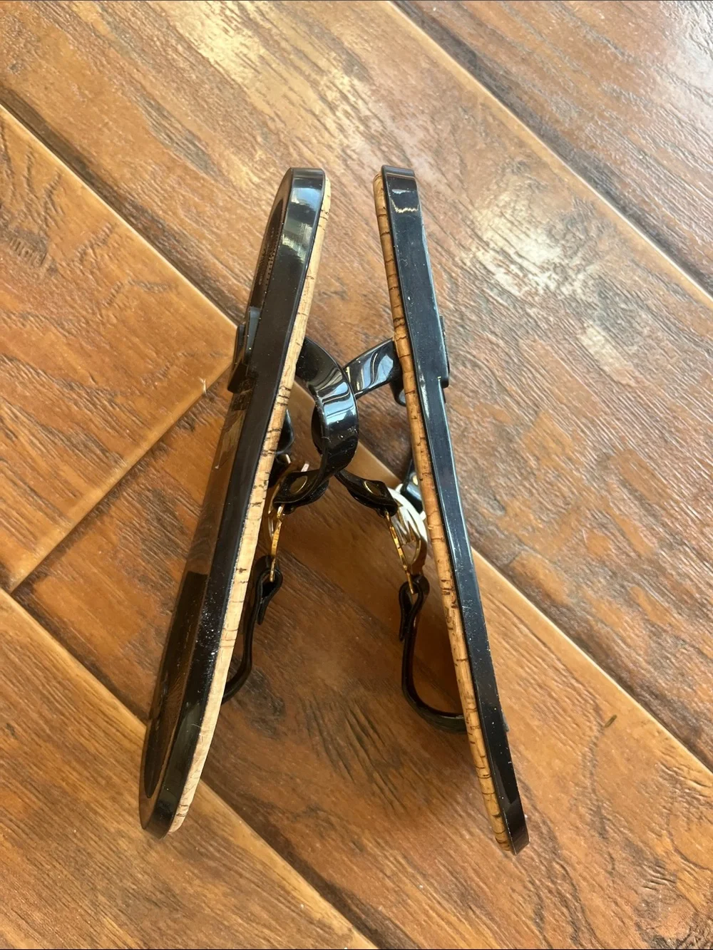 Michael Kors Black Patent Thong Sandals with Gold MK Logo - Size 6